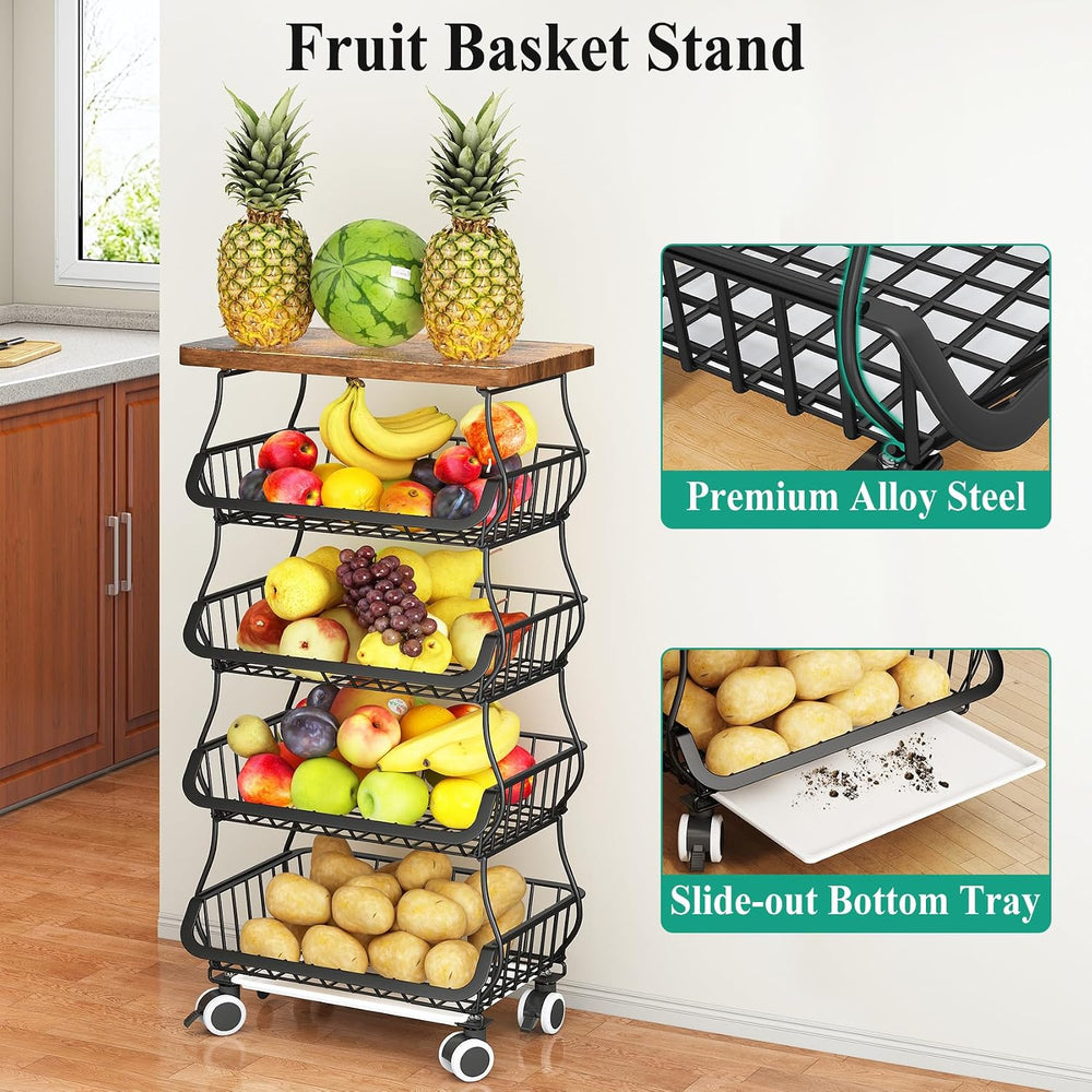 SAYZH 5-Tier Fruit and Vegetable Basket Stand for Kitchen, Wood Top, Black