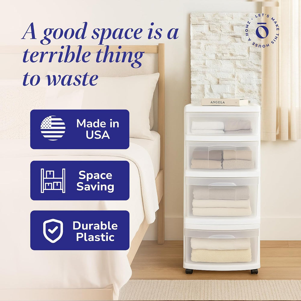 HOMZ Drawer Tower, 4-Tier Storage Cart with Removable Wheels, White Frame