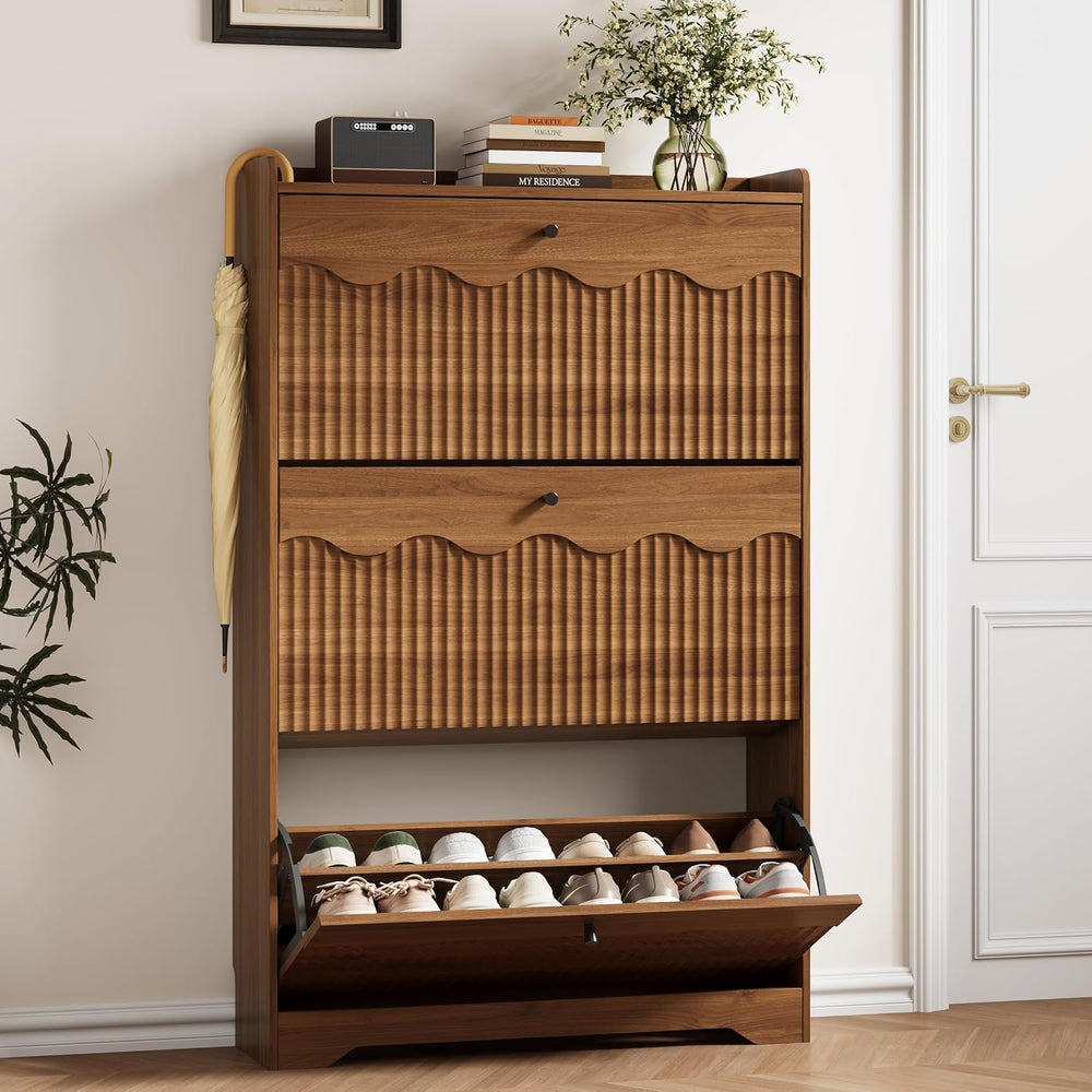 HUANLEGO Shoe Cabinet Storage for Entryway with 3 Flip Drawers, Walnut