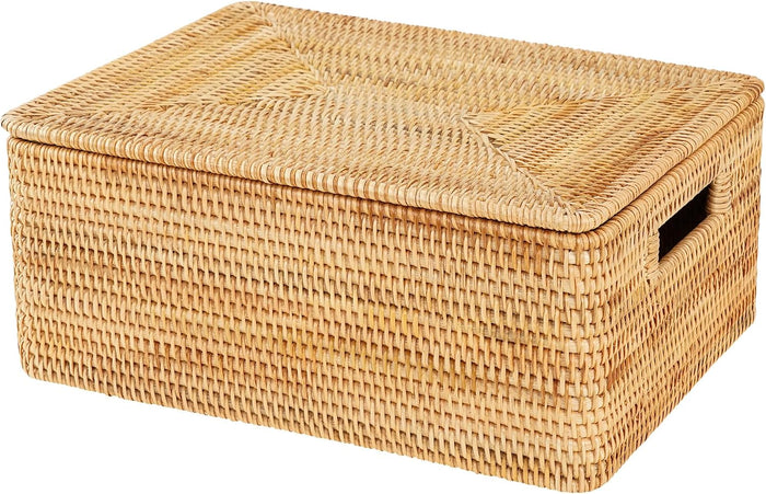 Rattan Storage Basket with Lid – 18×12×7 inch for Home