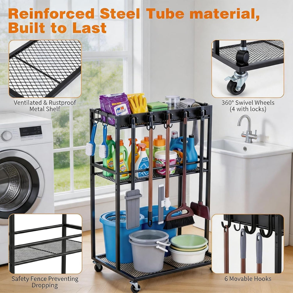 2 Levels Easy-Assembly Broom Holder Cart for Laundry