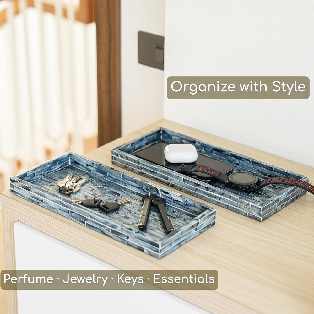 PEMAR Blue Mother of Pearl Tray Set of 2 – Handcrafted Decorative Vanity &...