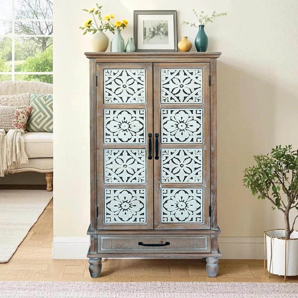 LKTART 55" Tall Carved Accent Cabinet,Solid Wood Sideboards Buffet Cabinet