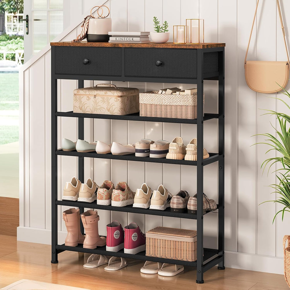 usikey Shoe Rack, 5 Tier Shoe Storage Organizer with 2 Drawers, Metal Shoe Sh...