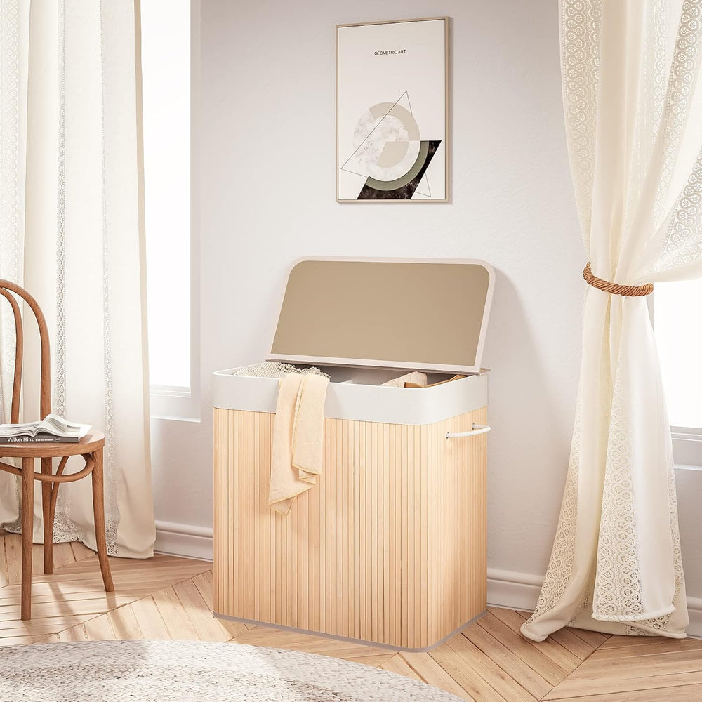 Mondeer Bamboo Laundry Basket Foldable with 3 Sections Storage Hamper with Re...