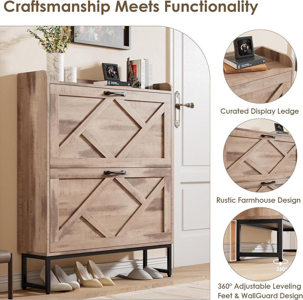 Nicetree Shoe Cabinet with 2 Flip Drawers,Freestanding Shoe Storage Cabinet, ...