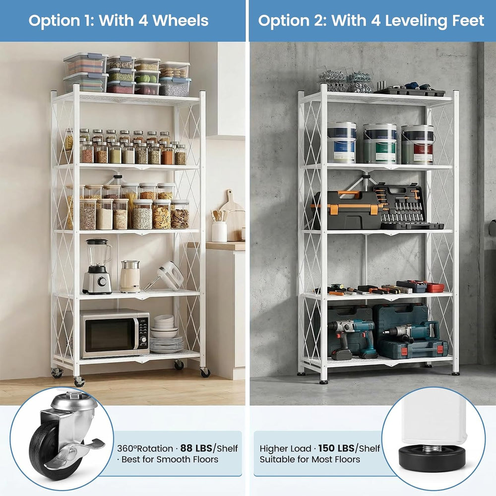 ALANNG 70.7" H Metal Storage Shelves, 5 Tier Folding Shelf on Wheels