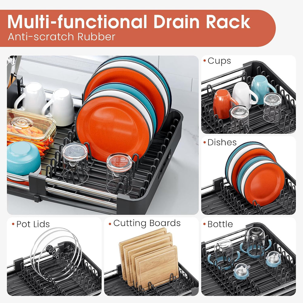 TOOLF Expandable Dish Drying Rack for Kitchen Counter, Standard, Black