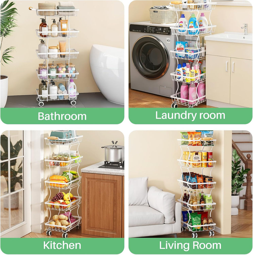 SAYZH 5-Tier Fruit Basket Stand with Vegetable Baskets for Kitchen, White