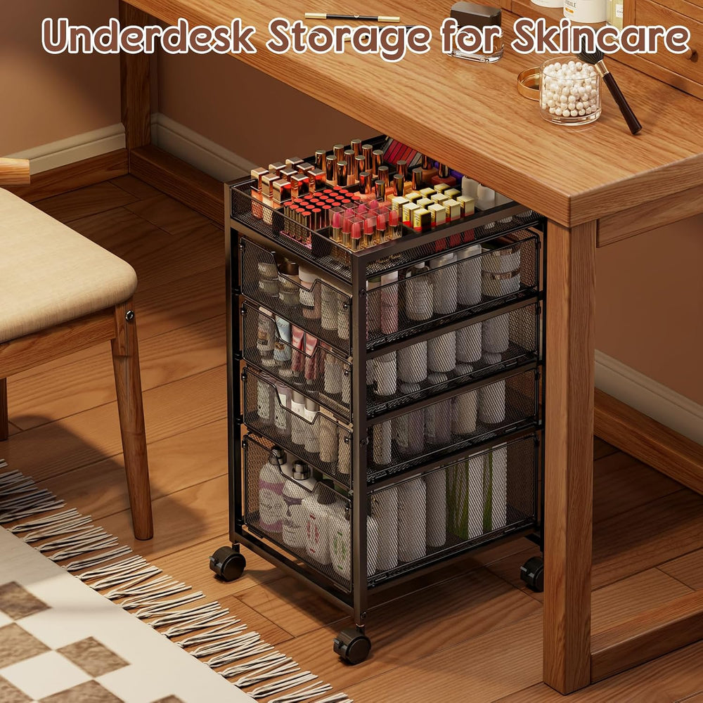 5-Tier Rolling Makeup Cart Organizer with 4 Drawers, Cosmetics Display with D...