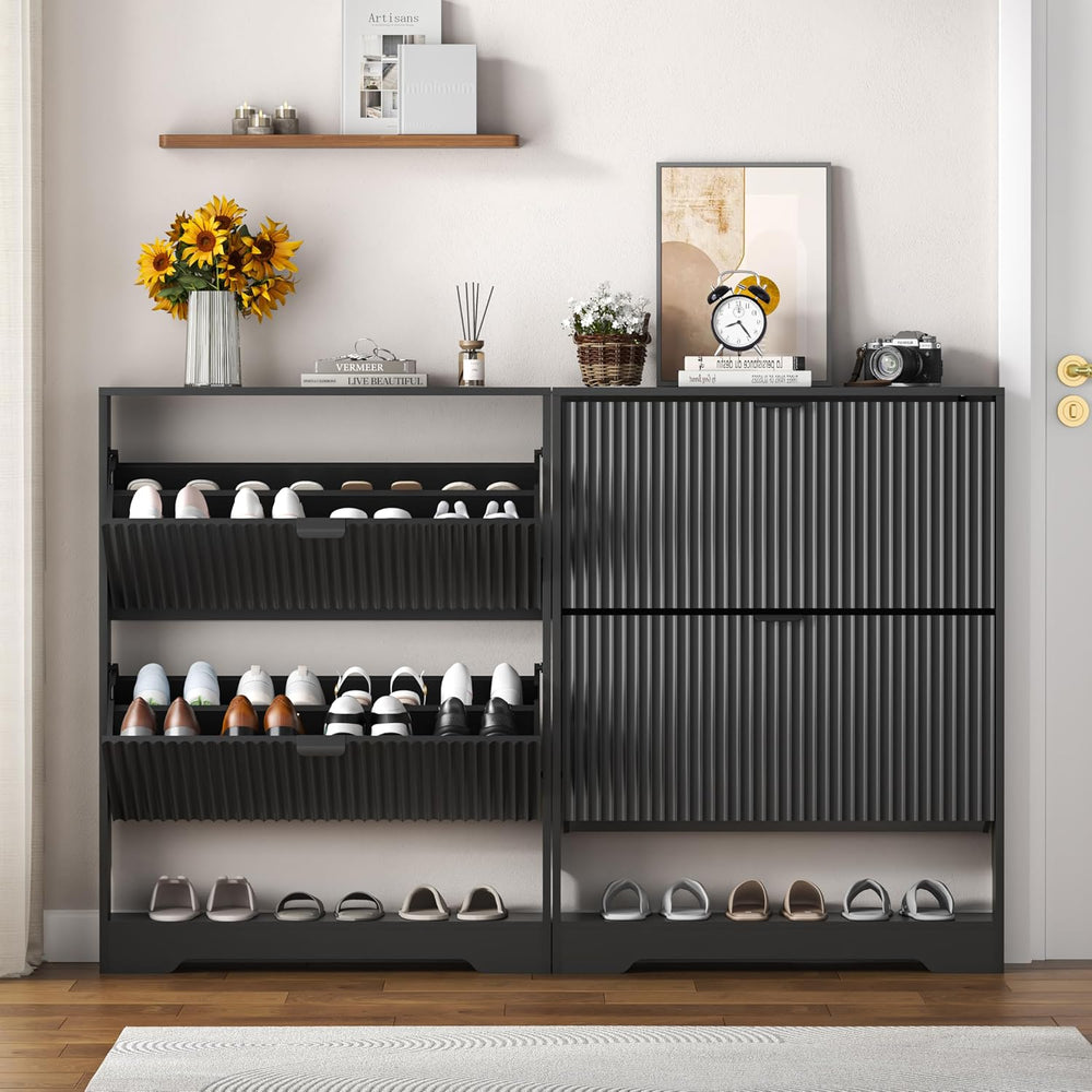 HUANLEGO Shoe Cabinet Storage for Entryway with 2 Flip Drawers, Black Fluted ...