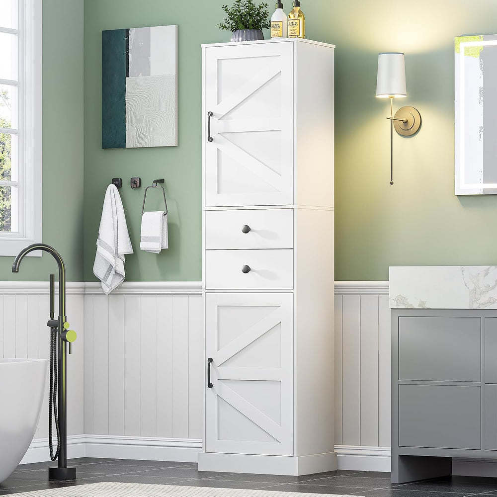Tall Bathroom Storage Cabinet with 2 Drawers, Farmhouse Narrow Storage Cabine...