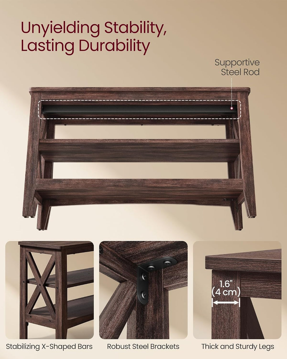 VASAGLE 2-Tier Shoe Bench, 11.8 x 31.5 x 18.9 Inches, Holds up to 300 lb