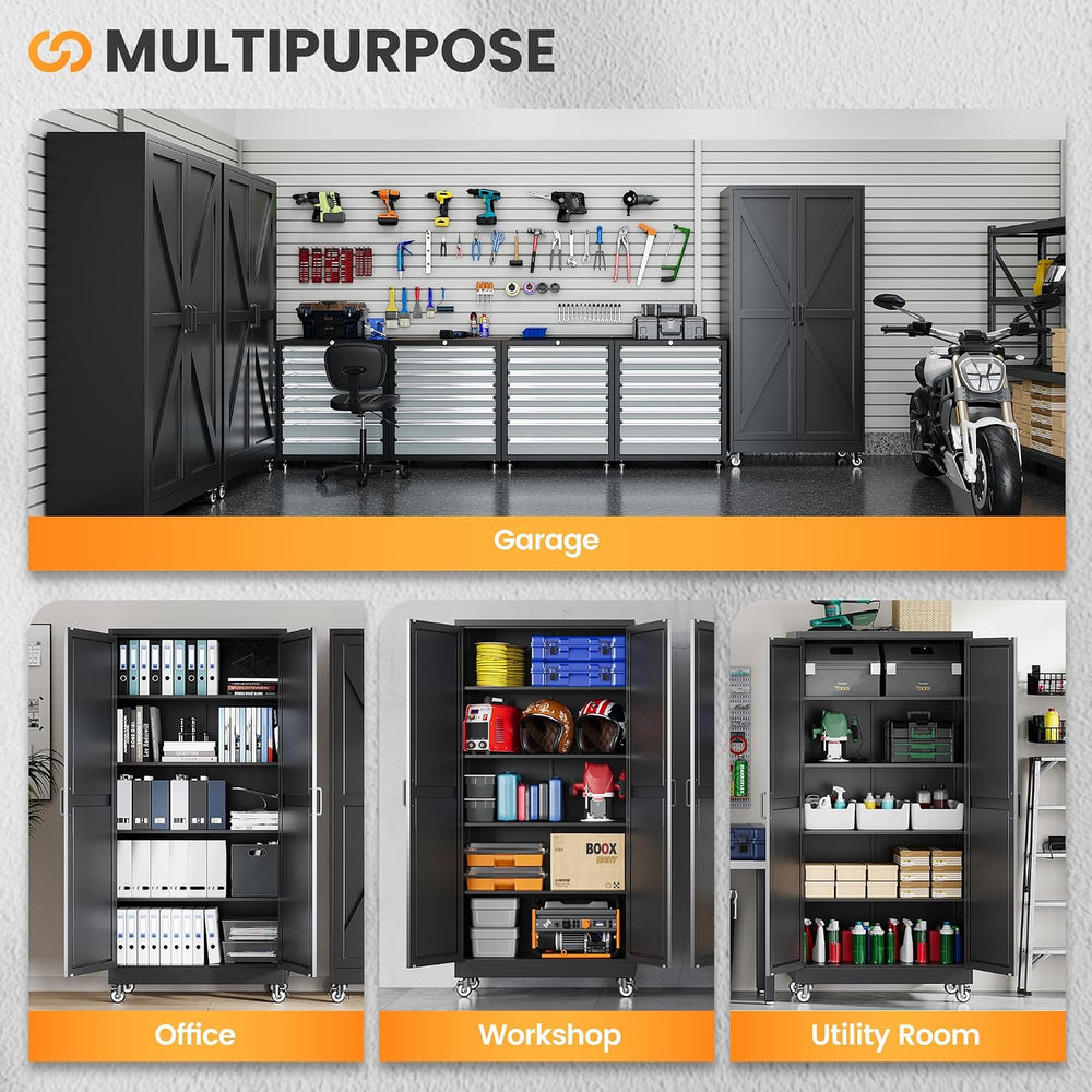 75" Tall Wheeled Garage Storage Cabinet, Rolling Metal Tool Cabinets.