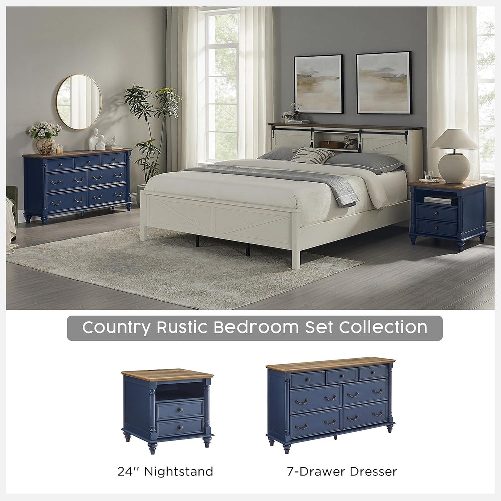 T4TREAM Farmhouse 7-Drawer Dresser with Solid Wood Feet, Antique Blue