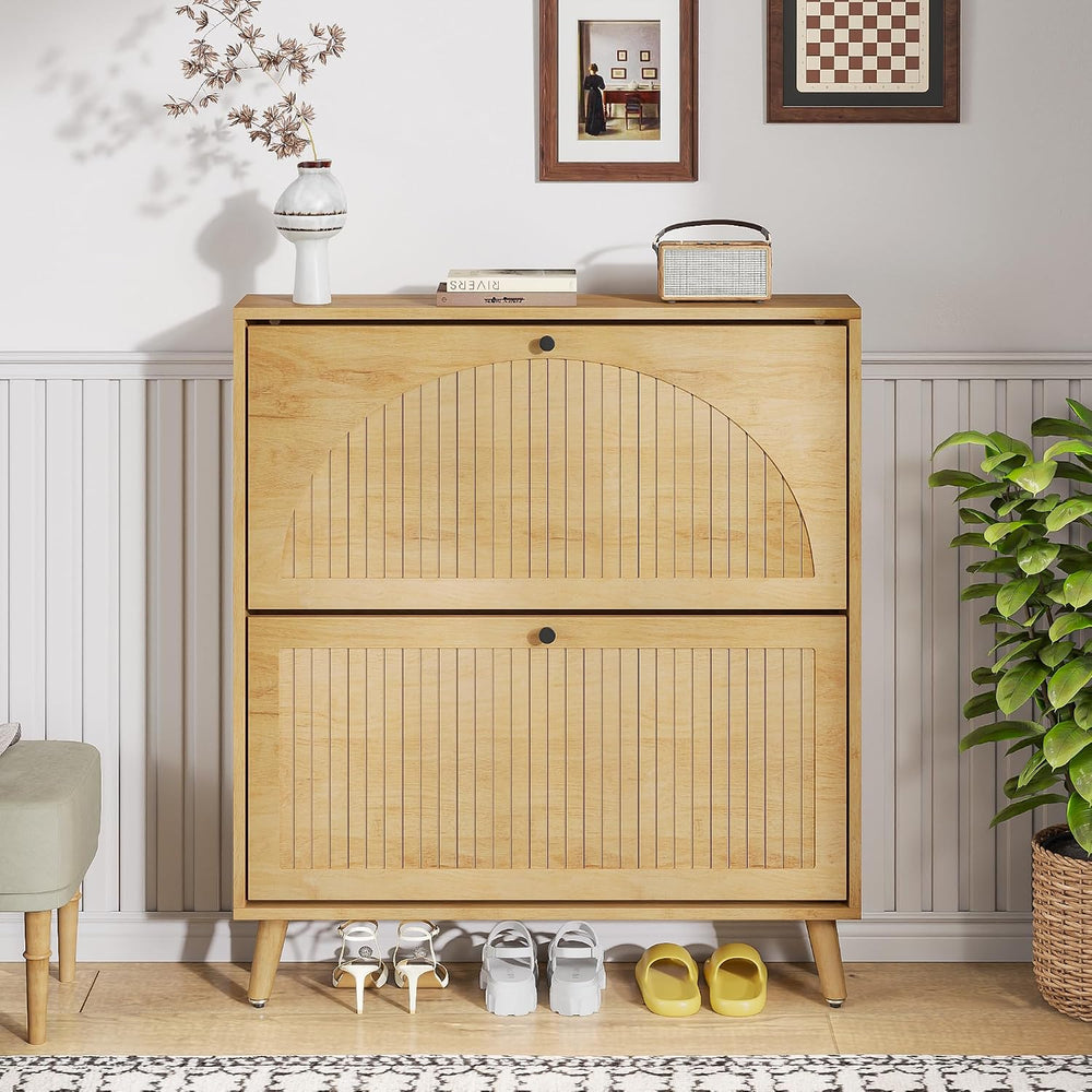 Fsbecl Shoe Storage Cabinet for Entryway with 2 Fluted Flip Drawers, Oak