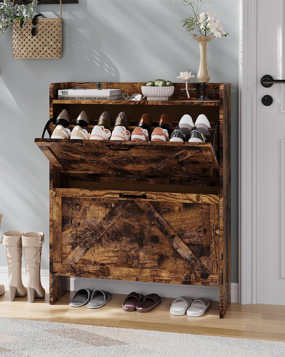 Slim Narrow Shoe Storage Cabinet for Entryway - 2 Flip-Up Drawers Freestandin...