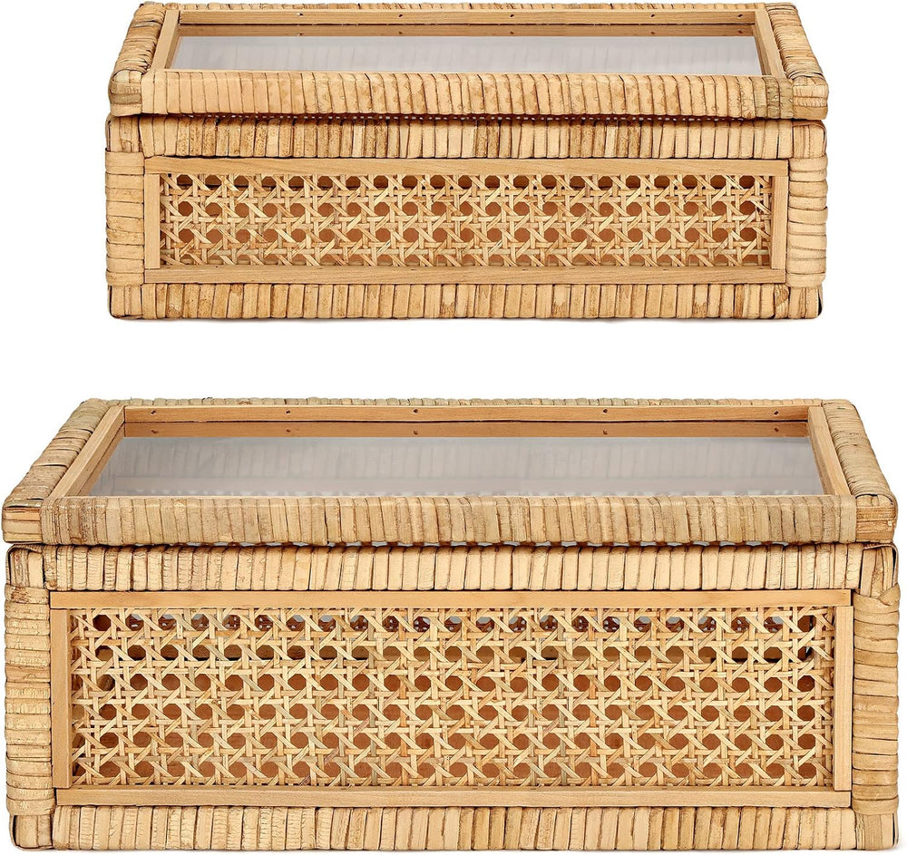 Amyhill Set of 2 Rattan Decorative Box with Glass Lid Rectangular Natural Wov...