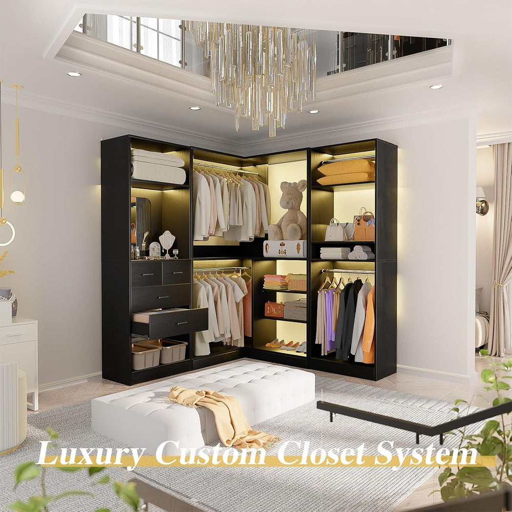 Unikito 86" Corner Closet System with 4 Drawers, 4 Hanging Rods and Mirror