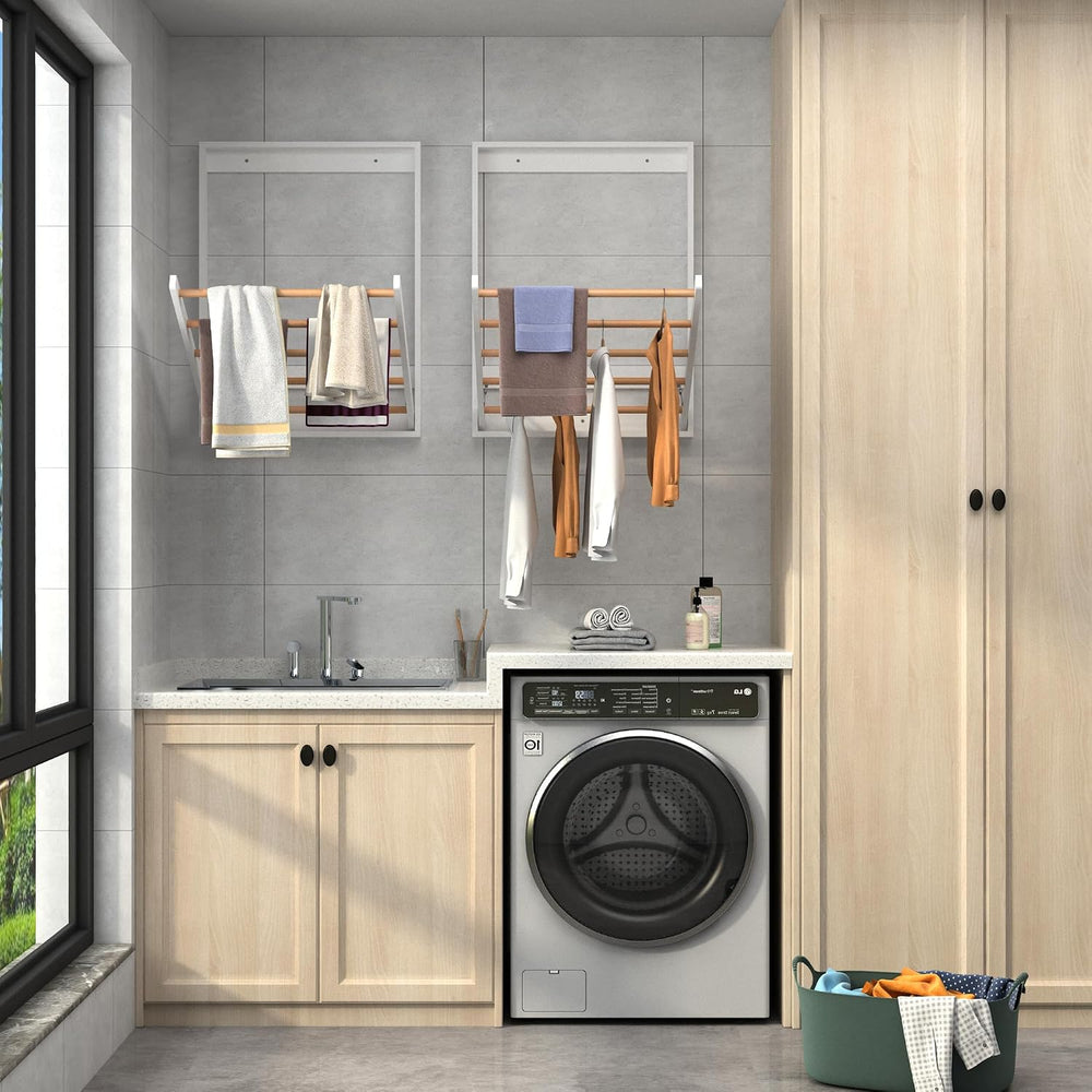 Wooden Wall Mounted Clothes Drying Rack, Foldable Laundry Rack