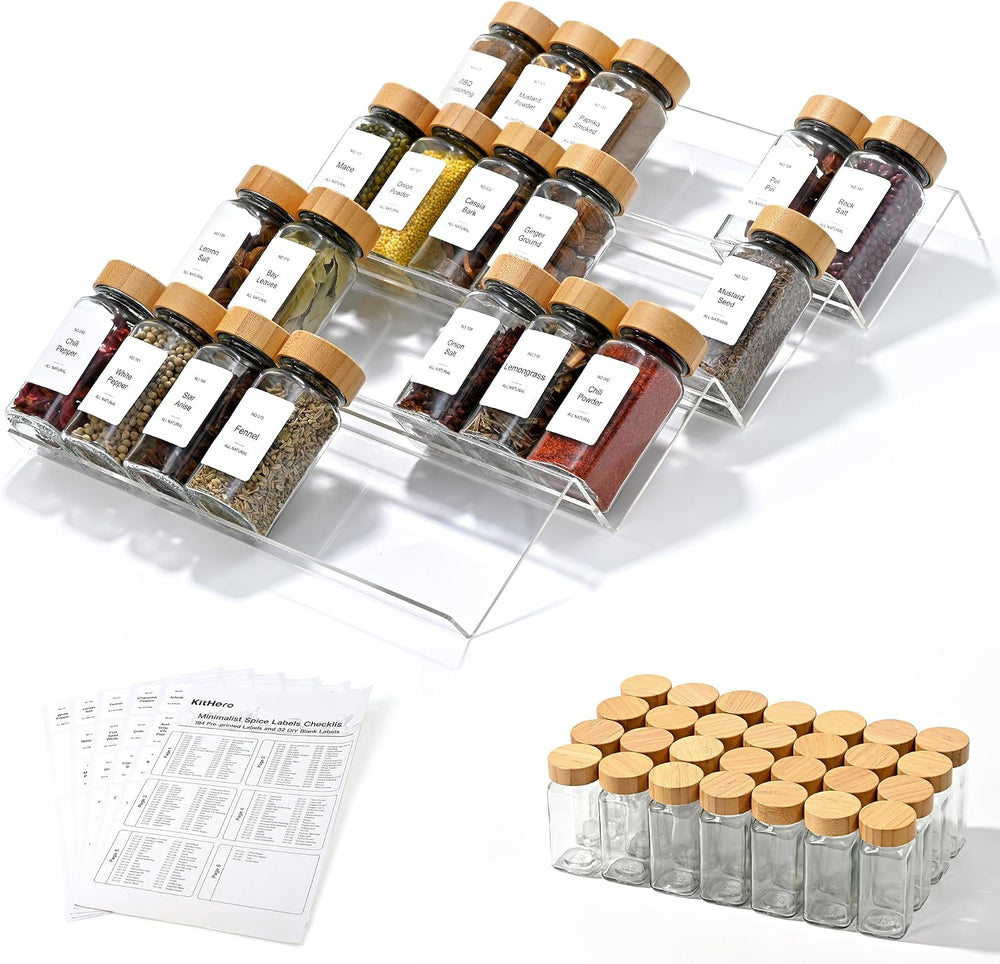 Acrylic Spice Drawer Organizer with 28 Spice Jars and 216 Labels,Non-slip Rub...