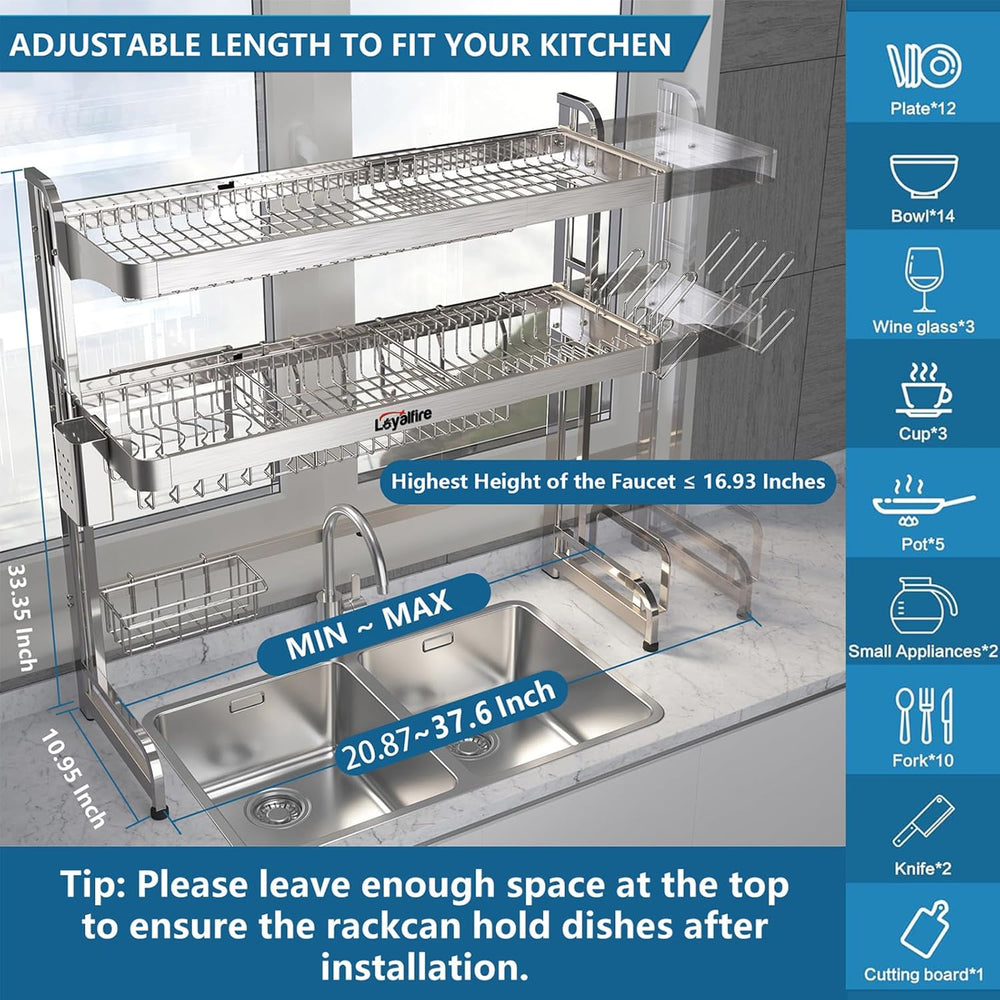 Loyalfire Over Sink Dish Drying Rack, 3 Tier Adjustable Length (20.87'