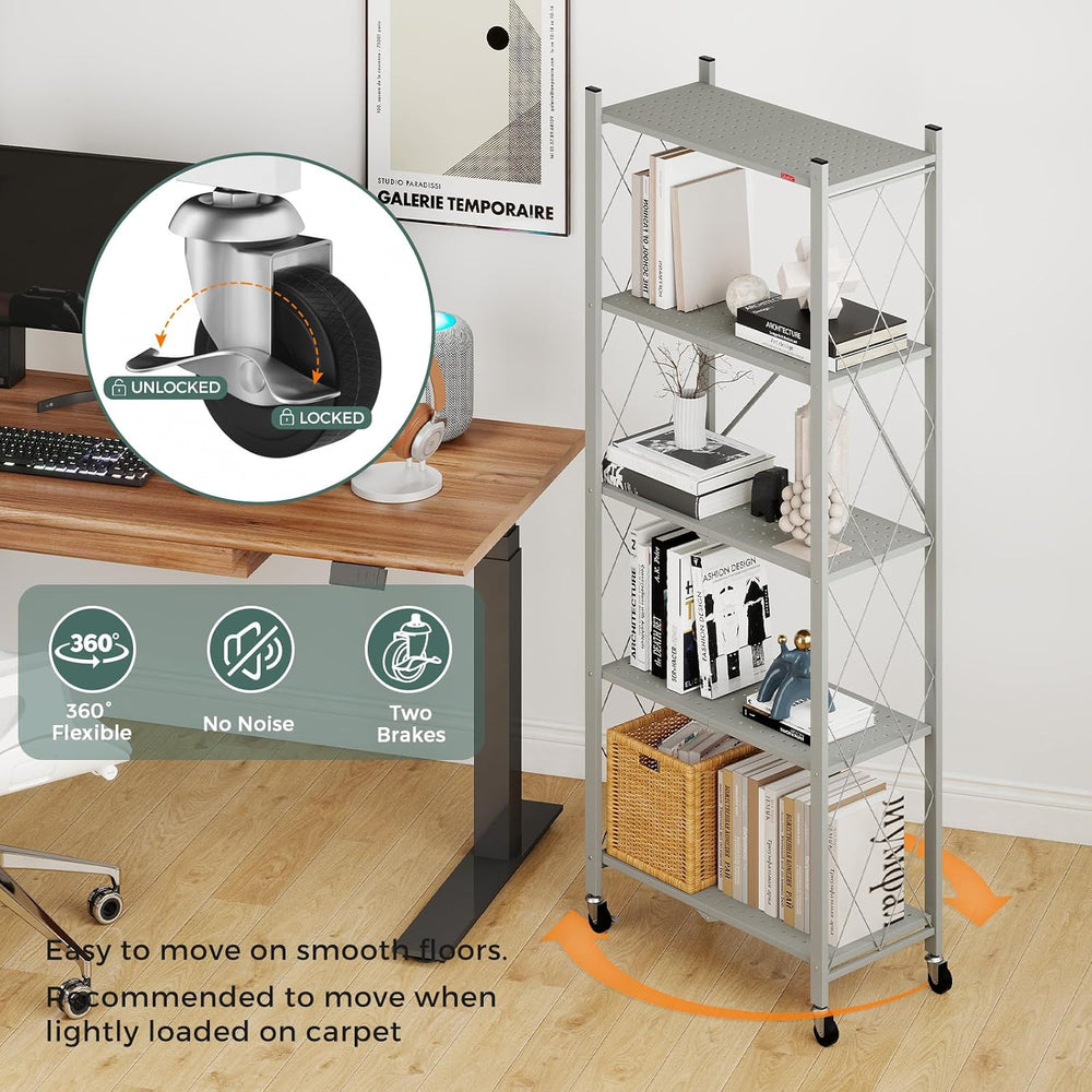 DEANIC 5 Tier Foldable Storage Shelves with Wheels, Large Capacity Shelving U...