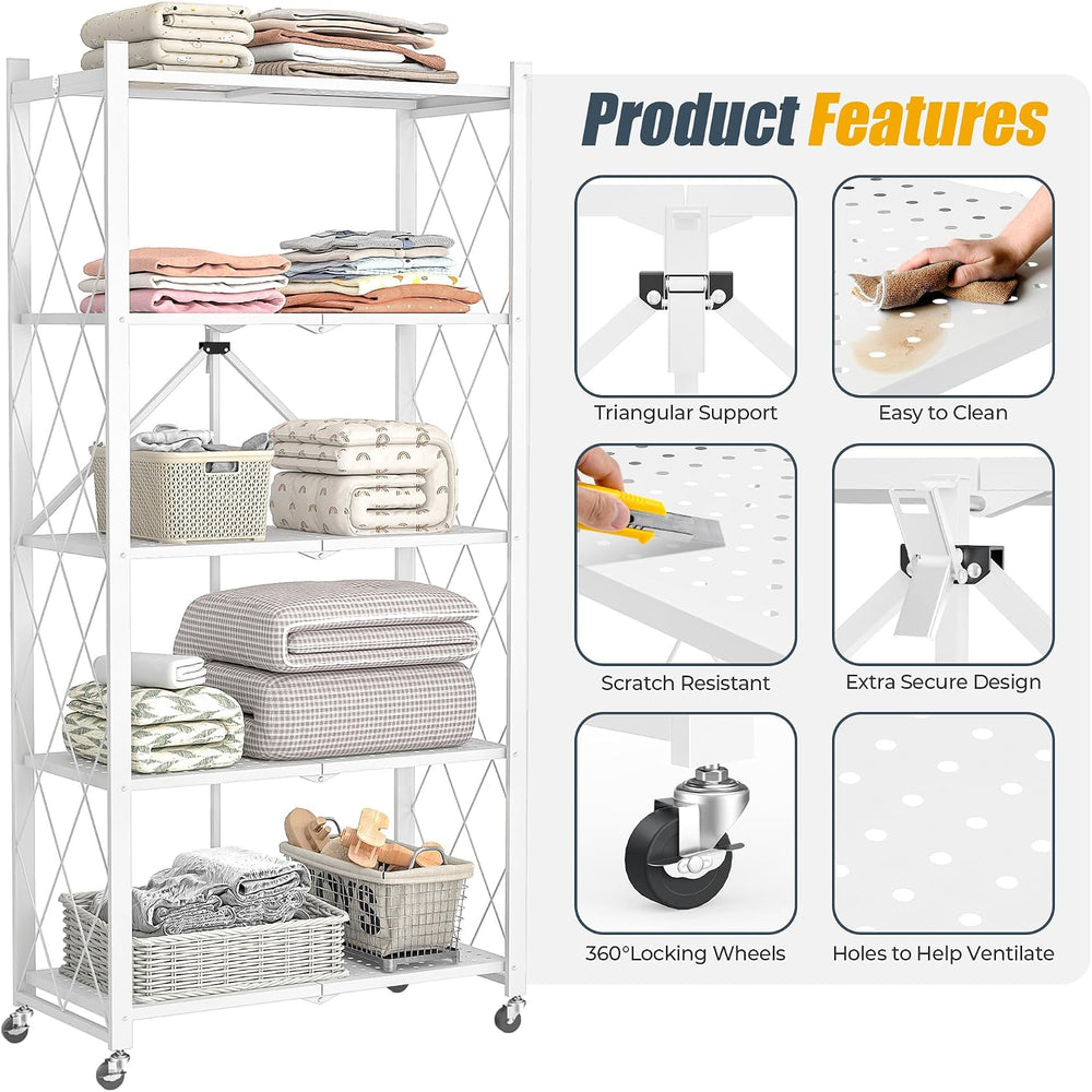 5-Tier Folding Metal Storage Rack - 63" Heavy-Duty Steel Frame with Whee...