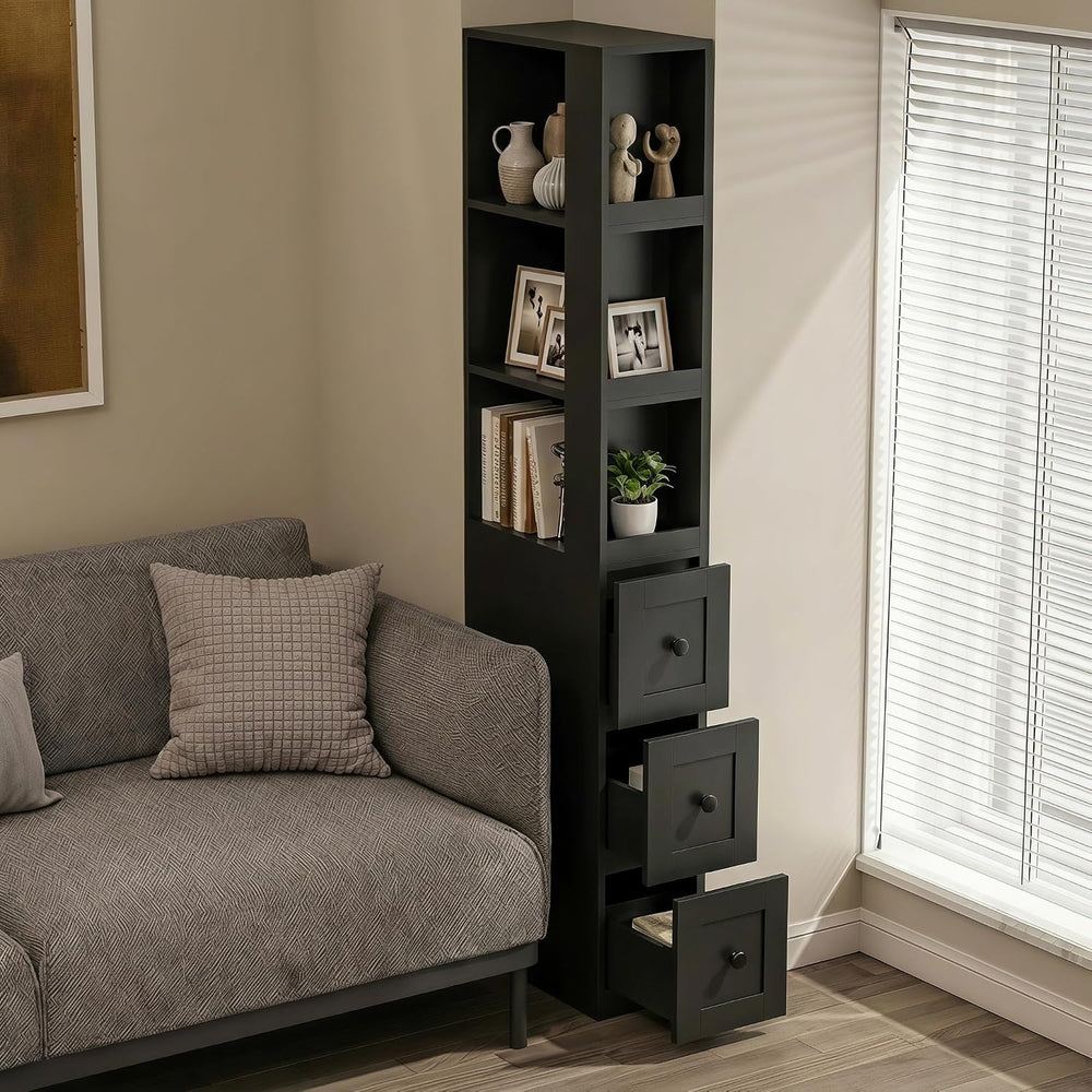 LAUSAINT HOME Tall Slim Storage Cabinet with 3 Drawers & Open Shelves, Na...