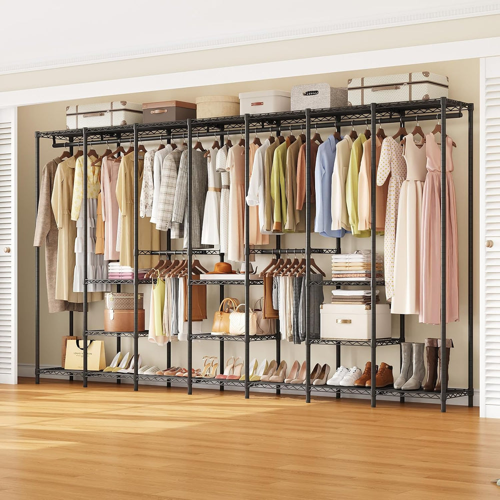 ONBRILL F7 Portable Metal Clothing Rack with Shelves & Hanging Rods, Black