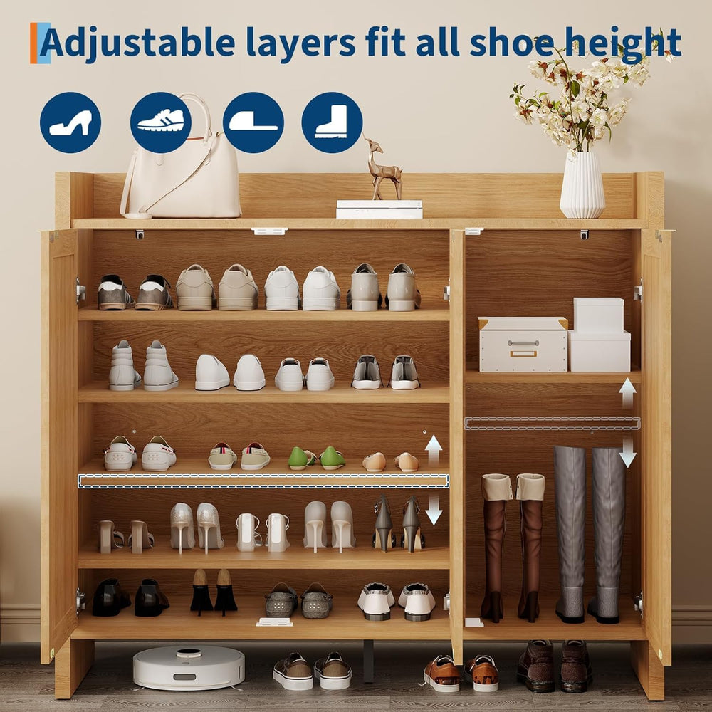 3 Door Rattan Shoe Cabinet for Entryway, Freestanding Wooden Shoe Rack with A...