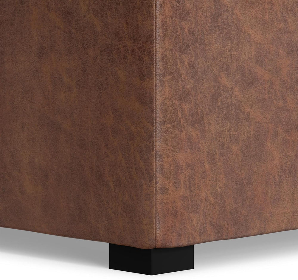 SIMPLIHOME Avalon 35" Wide Vegan Leather Storage Ottoman in Umber Brown
