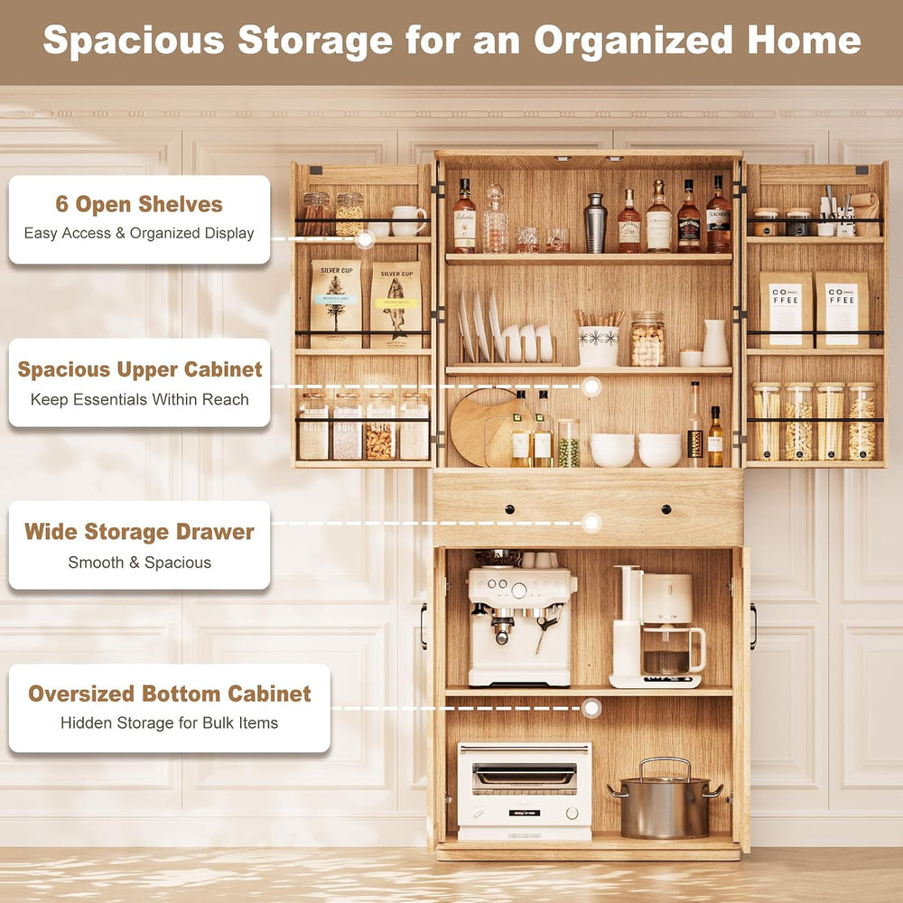 72" Tall Pantry Cabinet, Kitchen Storage Cabinet with 1 Drawer 2 Cabinet...