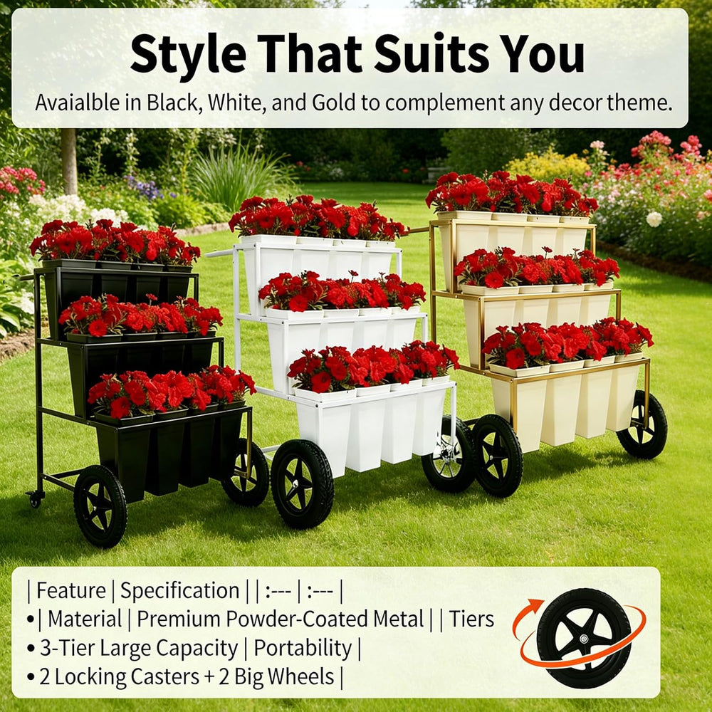 Black 3 Tier Metal Flower Cart Display Stand with Wheels, Mobile