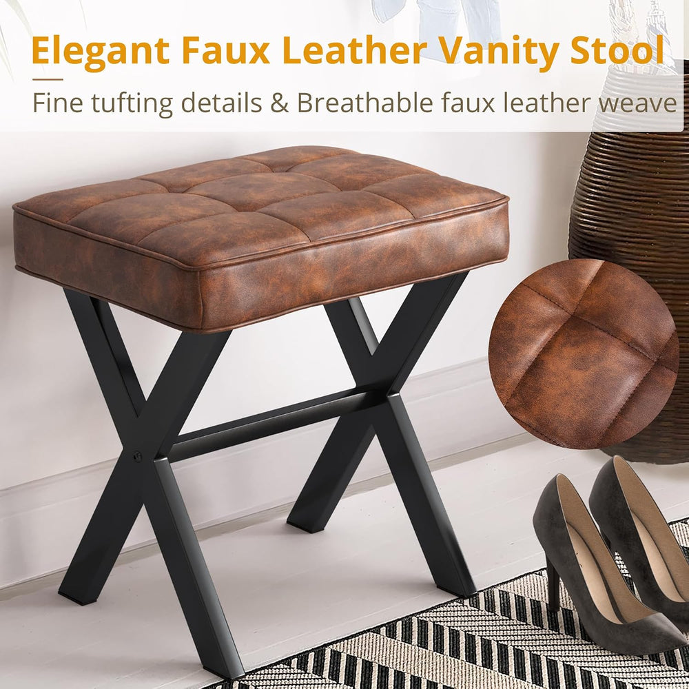 LUE BONA Vanity Stool, Square Faux Leather Makeup Stool with Metal X Legs, Sm...