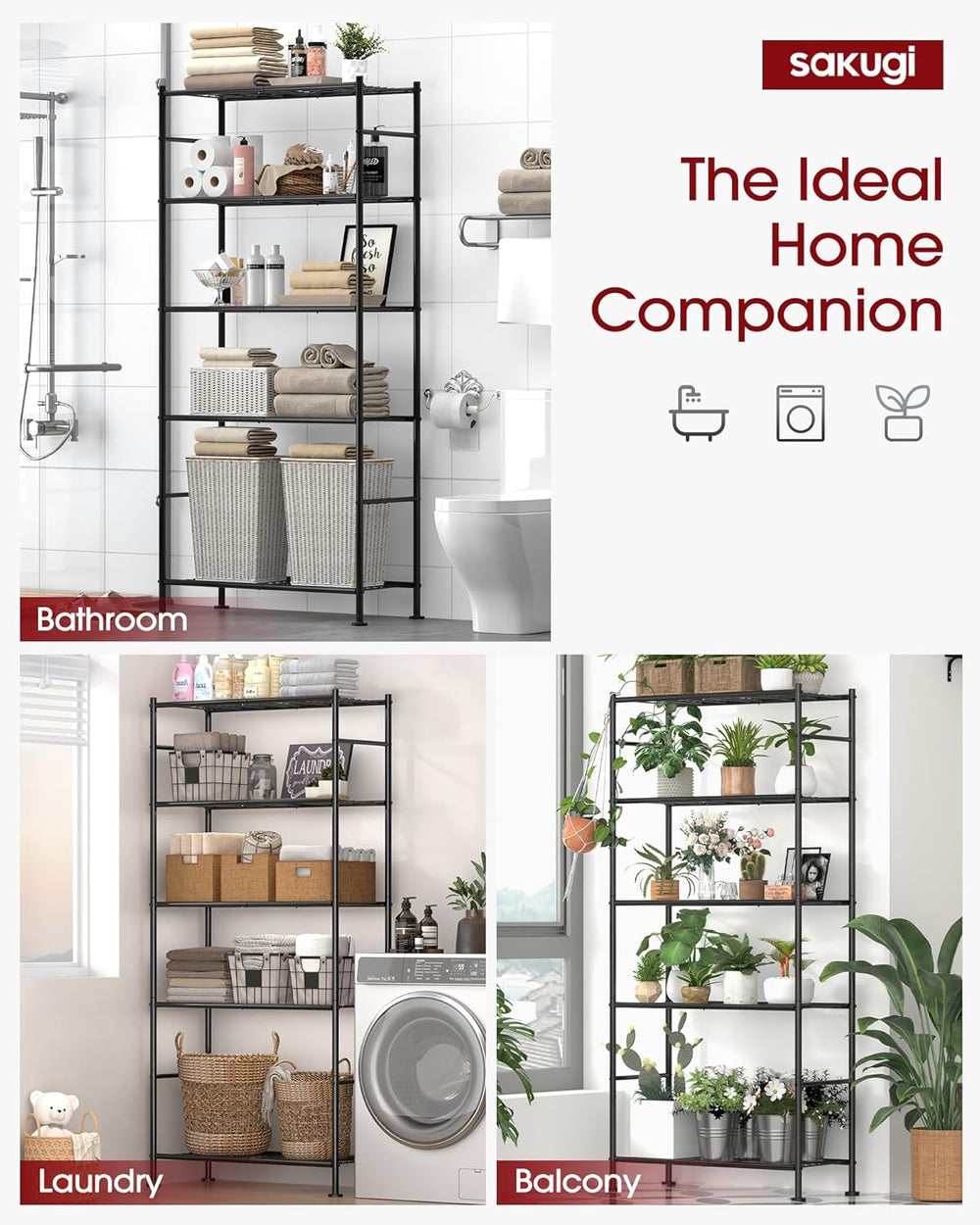 Sakugi Storage Racks - 2 Pack, 5-Tier Freestanding Steel Shelving Units with ...
