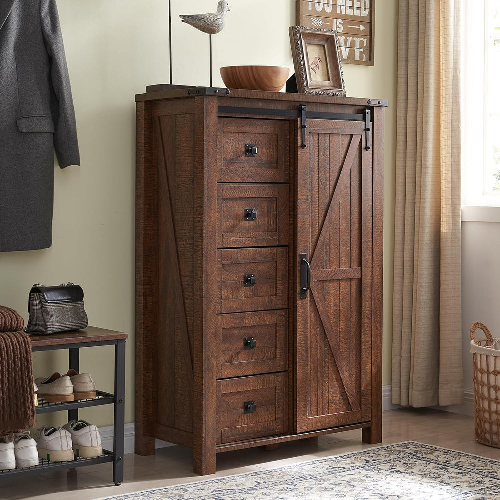 T4TREAM 5 Drawers Dresser with Sliding Barn Doors, Reclaimed Barnwood