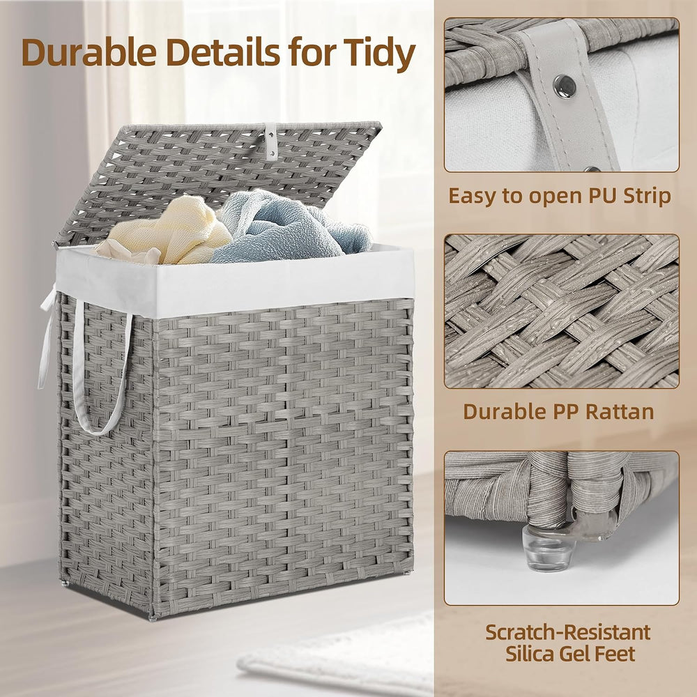 Woven Laundry Hamper with Lid, Large Rattan Clothes Hamper with Removable Mac...