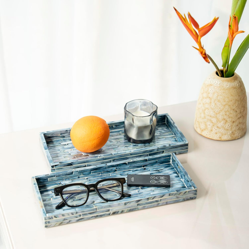 PEMAR Blue Mother of Pearl Tray Set of 2 – Handcrafted Decorative Vanity &...