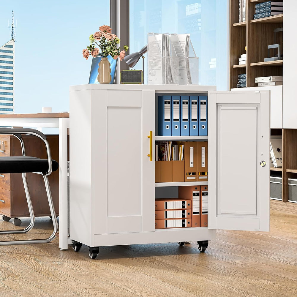 Metal Storage Cabinet with Wheels, 36" Tall Locking Storage White