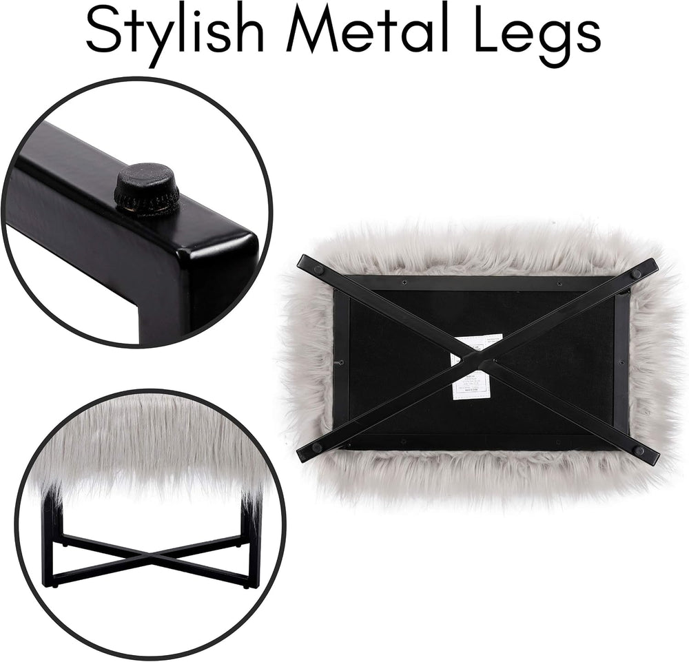 BIRDROCK HOME Rectangular Faux Fur Vanity Foot Stool Ottoman with Metal Legs ...