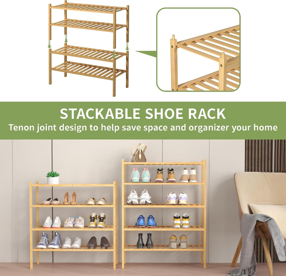 ROMGUAR CRAFT 4 Tier Bamboo Shoe Rack for Closet Free Standing Wood Shoe Shel...