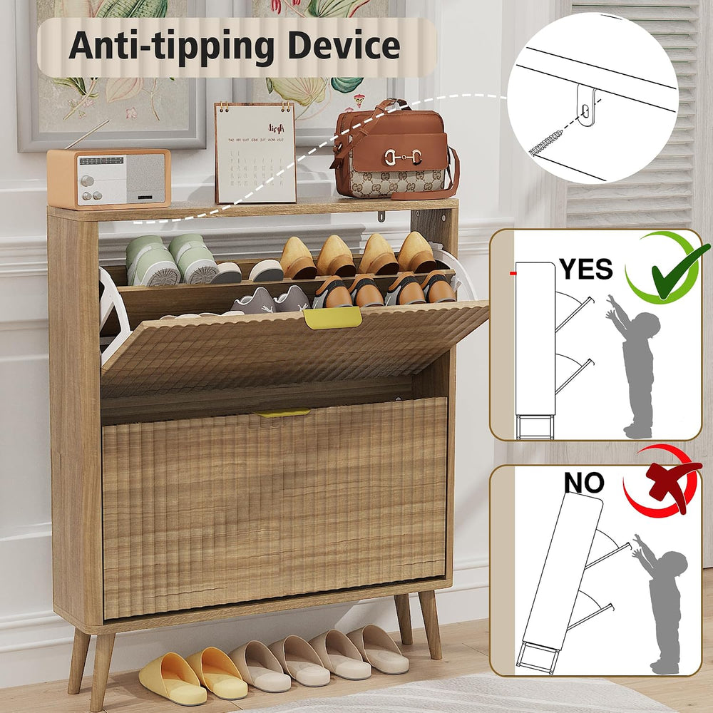 KIGOTY Narrow Shoe Storage Cabinet, Shoe Cabinet with 2 Flip Drawers, Freesta...