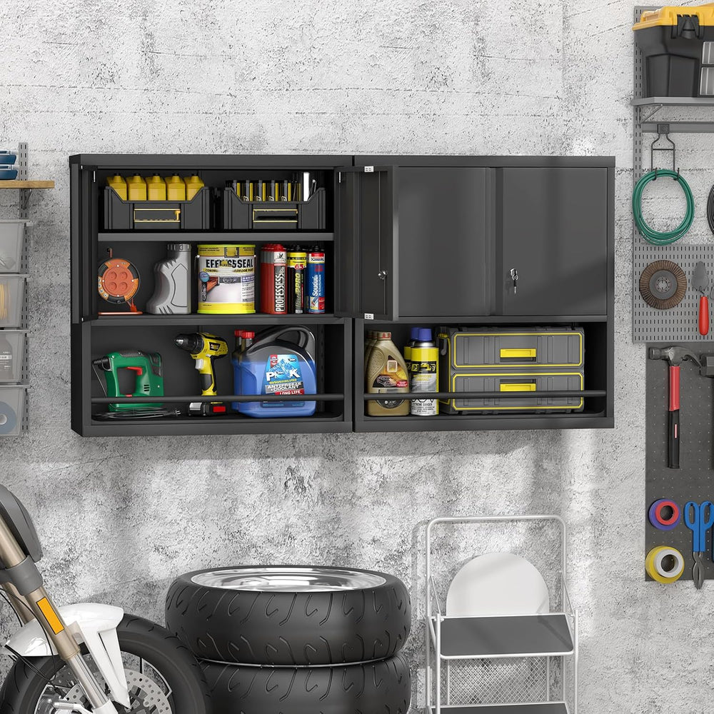 Locking Metal Wall Mounted Garage Storage Cabinet with Doors and Shelves