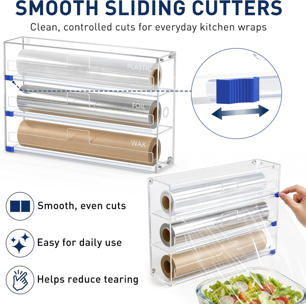 3 In 1 Acrylic Aluminum Foil, Plastic Wrap Organizer with Cutter