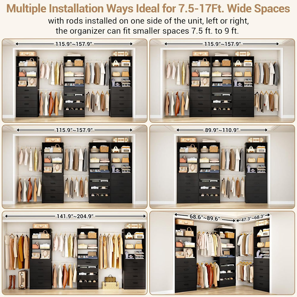 Aheaplus Closet System with 12 Drawers, 8.5-11.5Ft Closet Organizer System