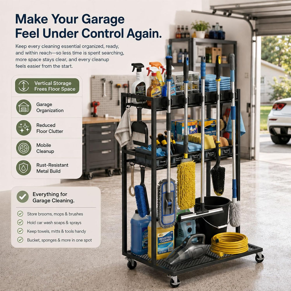 Rolling Cleaning Supply Cart, 3-Shelf Broom Mop Organizer, Locking Wheels