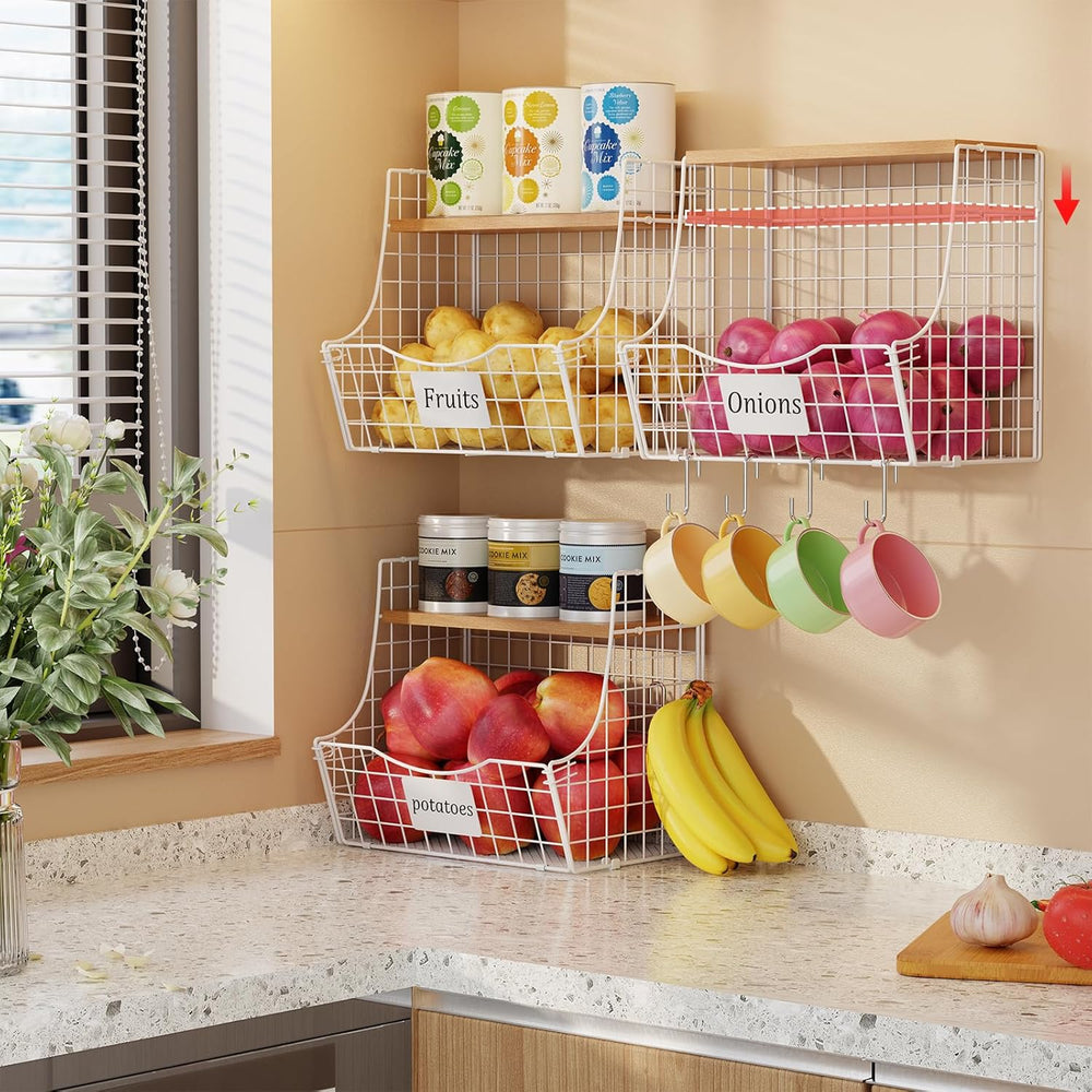 3 Pack Hanging Fruit Basket for Kitchen with Wood Lid - Onion and Potato Stor...