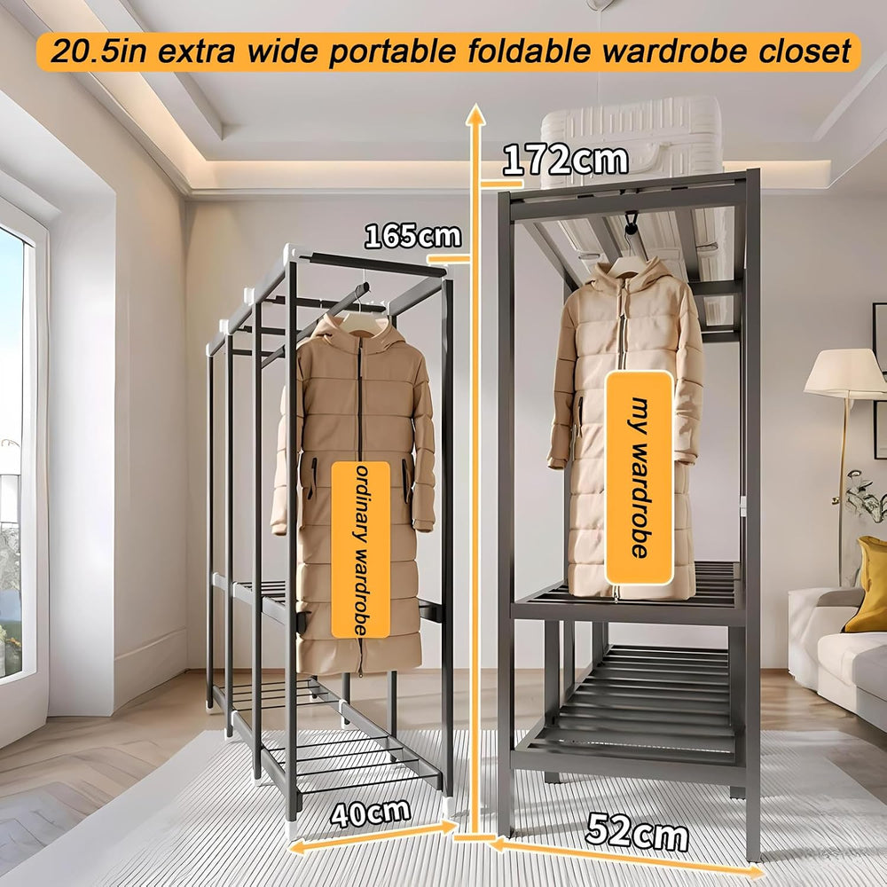 Foldable Portable Closet Wardrobe on Wheel Heavy Duty Metal Clothing Rack wit...