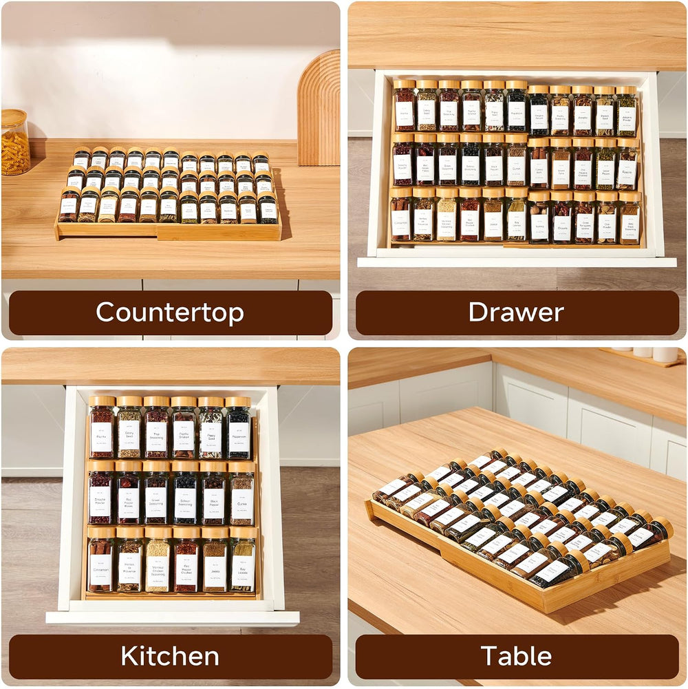 3-Tier Expandable Bamboo Spice Drawer Organizer, Adjustable Width 12" to...